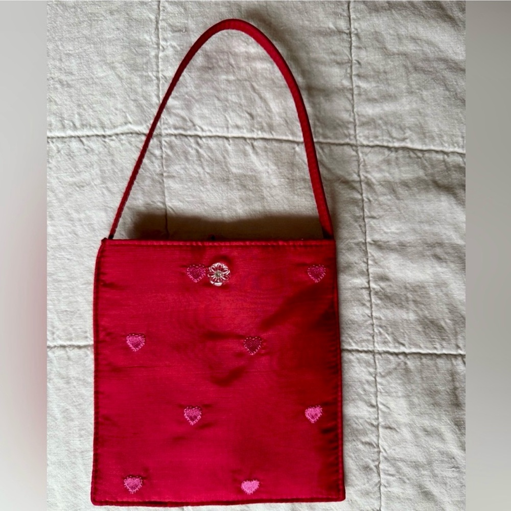 Red Silk Evening Purse with Pink Embroidered Hearts